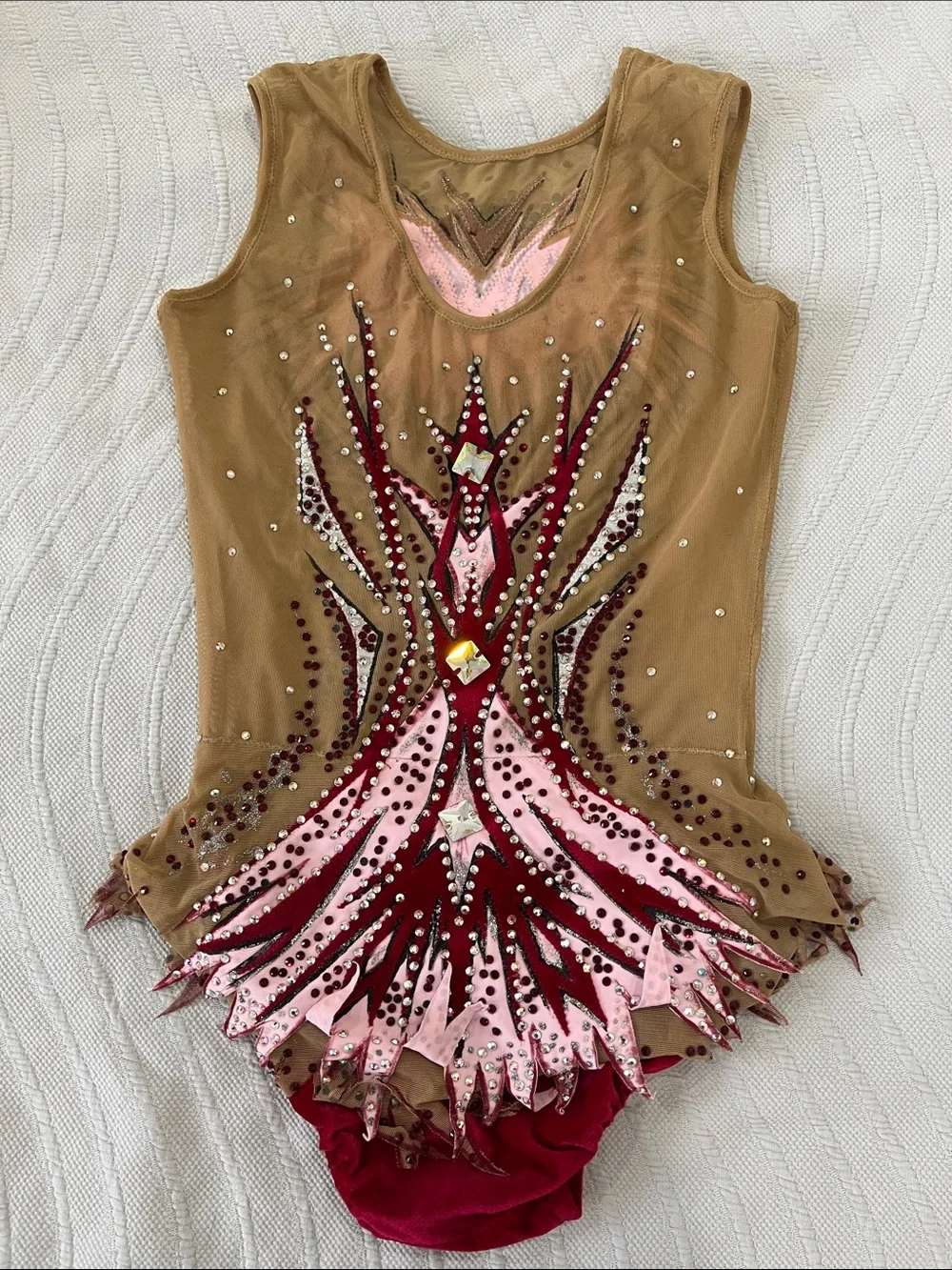 Embellished Tan and Burgundy Rhythmic Leotard